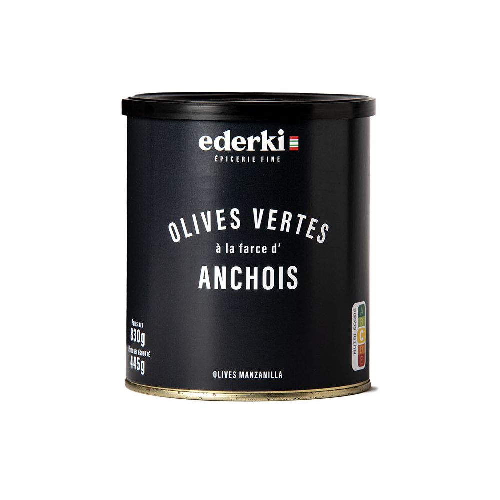 Maison Ederki. Olives vertes farcies aux anchois 830 grammes.