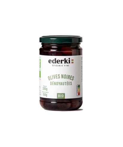 Maison Ederki. Olives noires dénoyautées bio. Gamme biologique. 280 grammes.