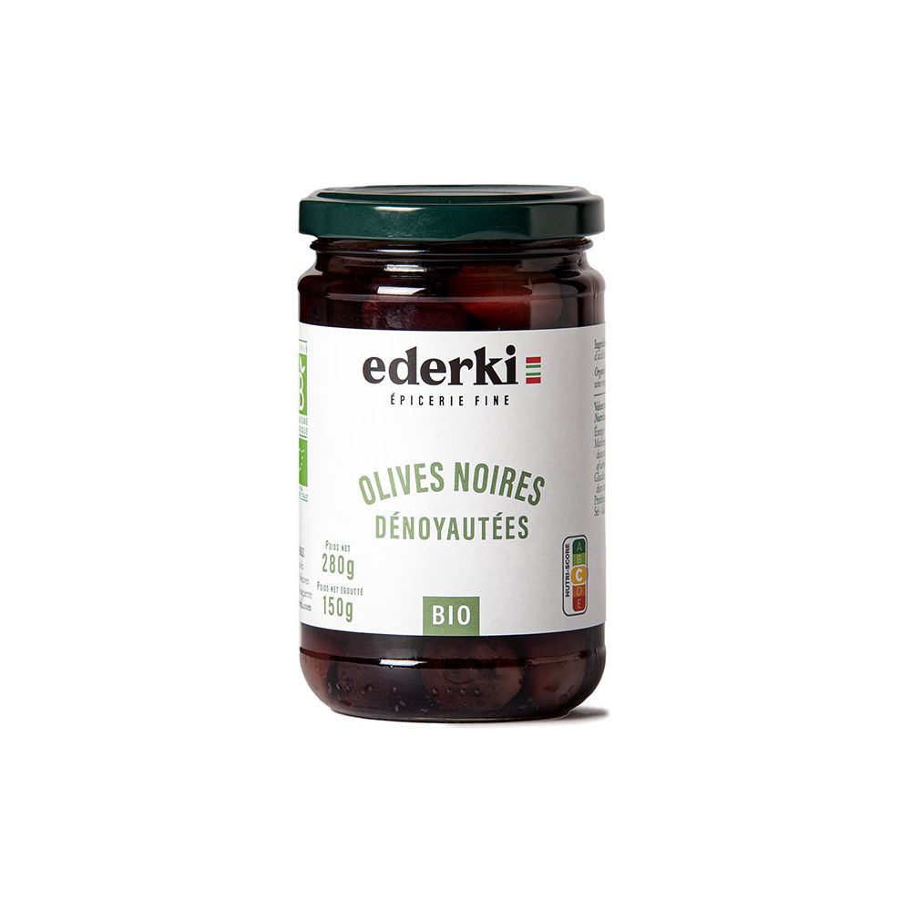 Maison Ederki. Olives noires dénoyautées bio. Gamme biologique. 280 grammes.