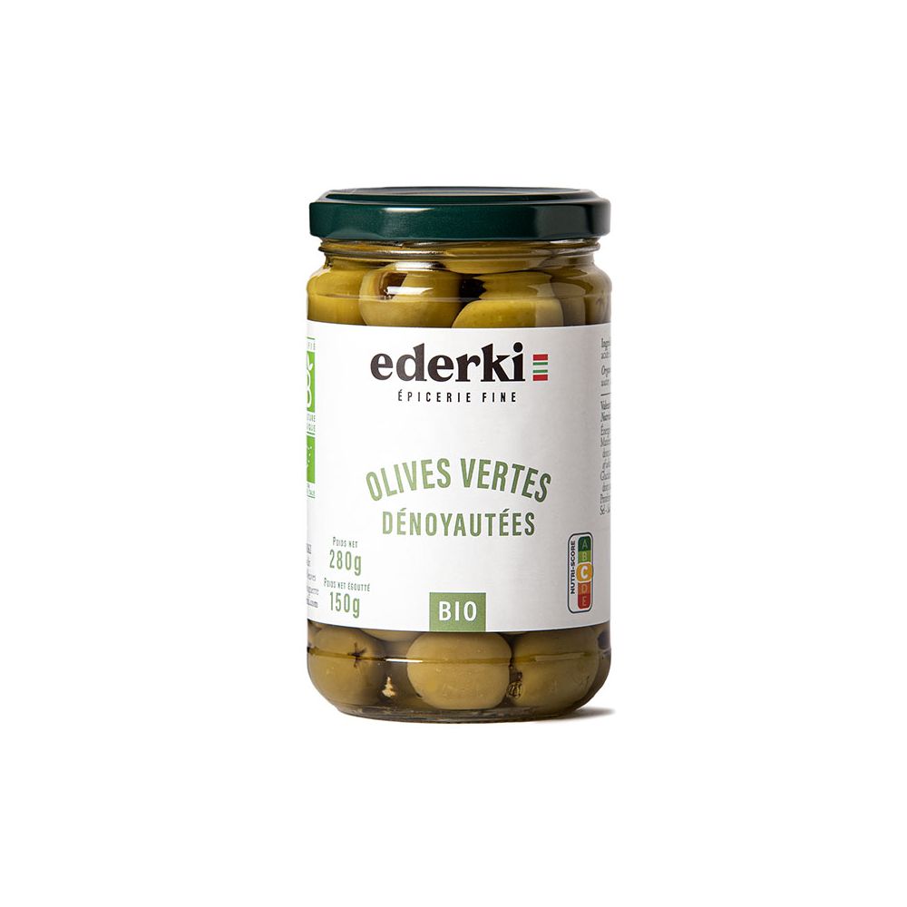 Maison Ederki. Olives vertes dénoyautées bio. Gamme biologique. 290 grammes.